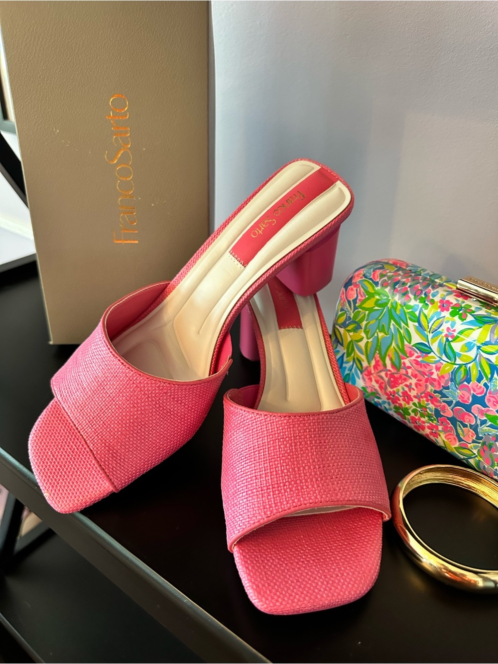 Franco Sarto Bright Pink Open-Toe Block Heel Mules